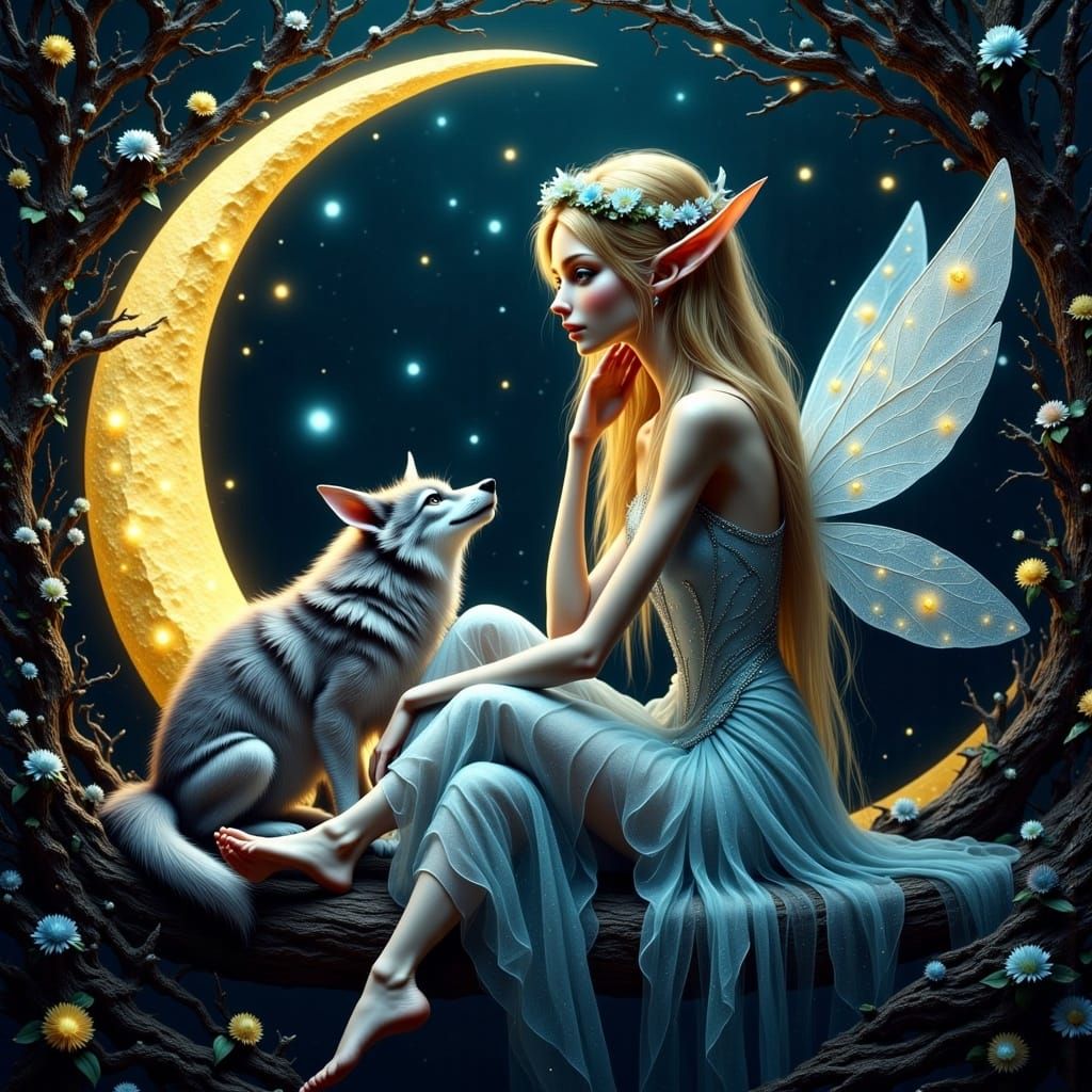 Ethereal Elf Queen on Crescent Moon