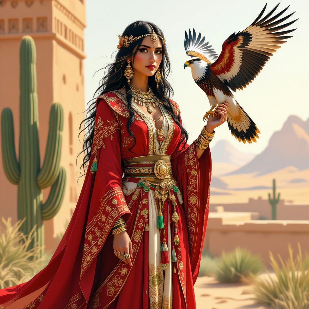 Cactus Goddess in Iranian Desert with Hawk