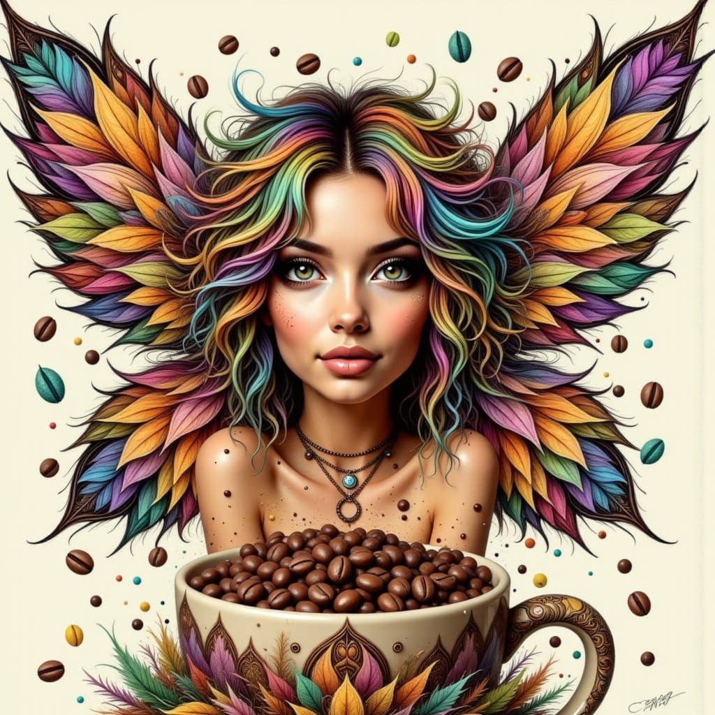Rainbow Coffee Faerie Mixed Media Collage with Iridescent Wi...