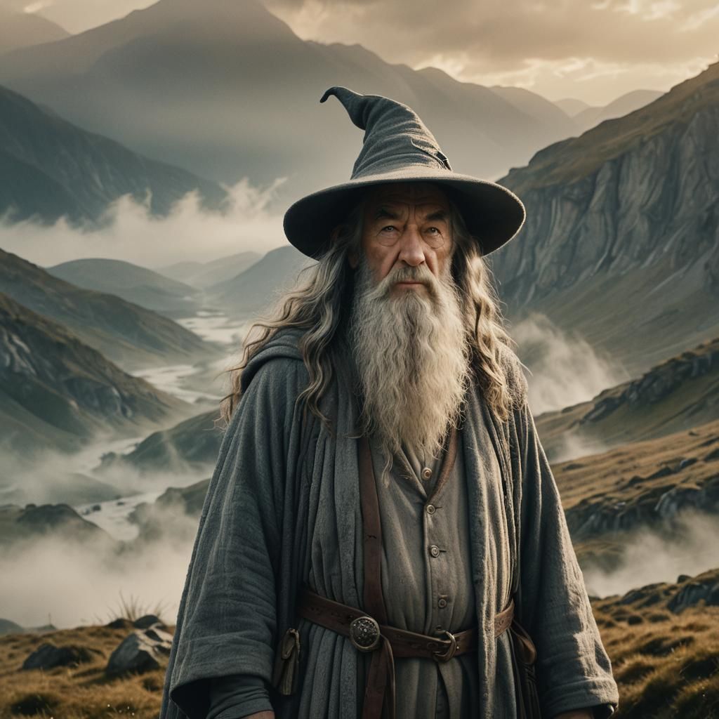 Gandalf the Grey in Misty Mountains: Cinematic Film Still