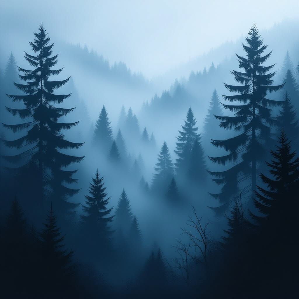 Ethereal Fog Shrouds Dark Pine Forest in Mystery