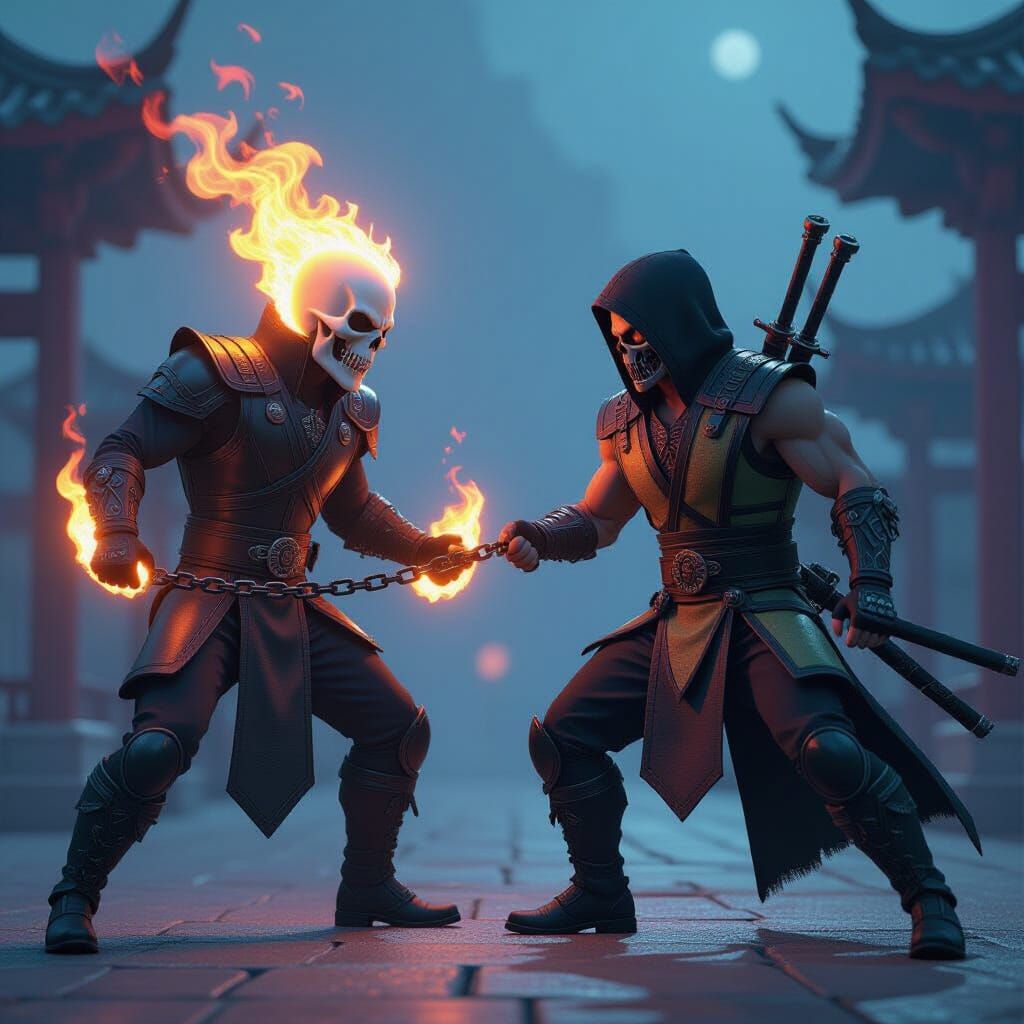 Ghost Rider vs. Scorpion in Netherrealm: Digital Art