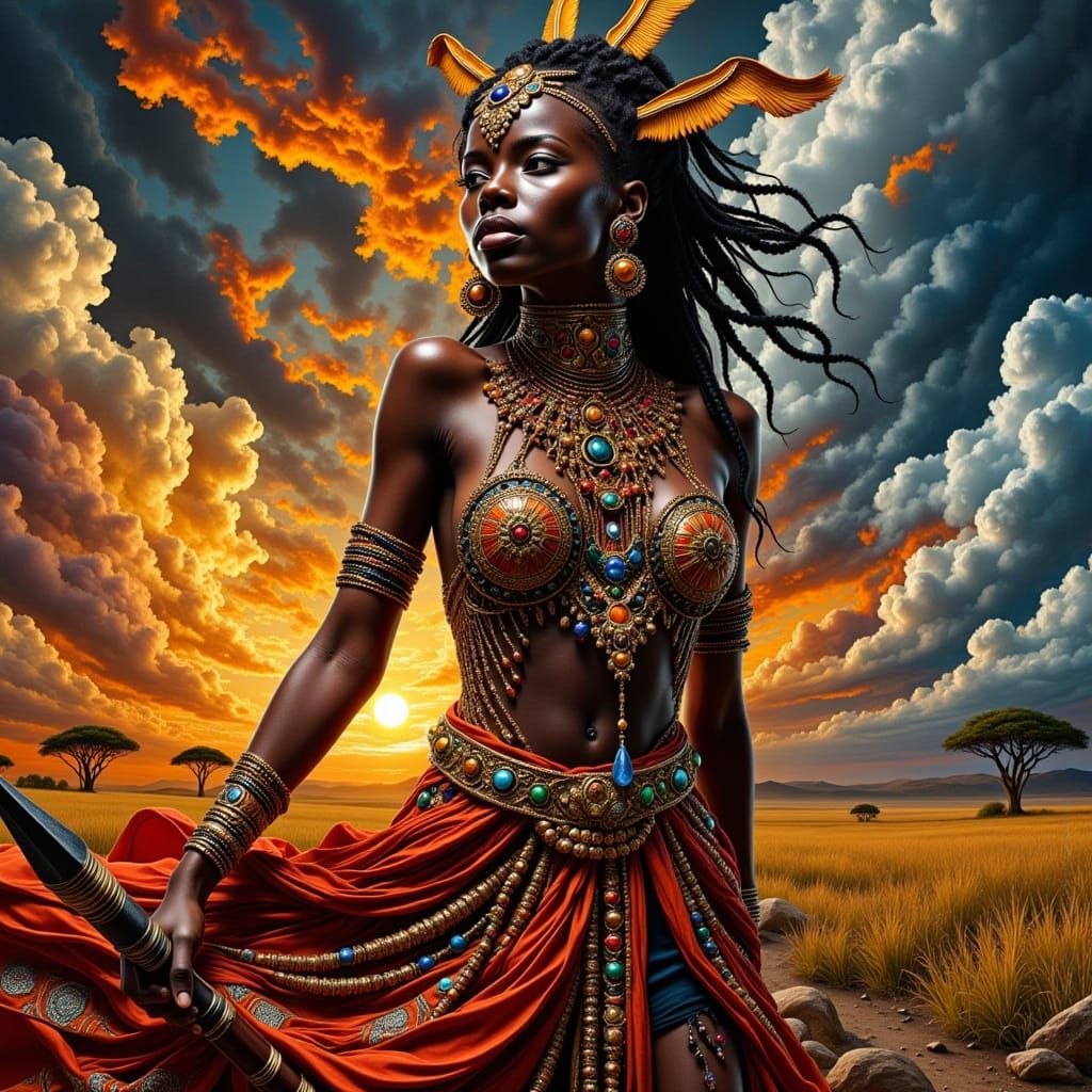 African Warrior Goddess in a Stormy Savannah