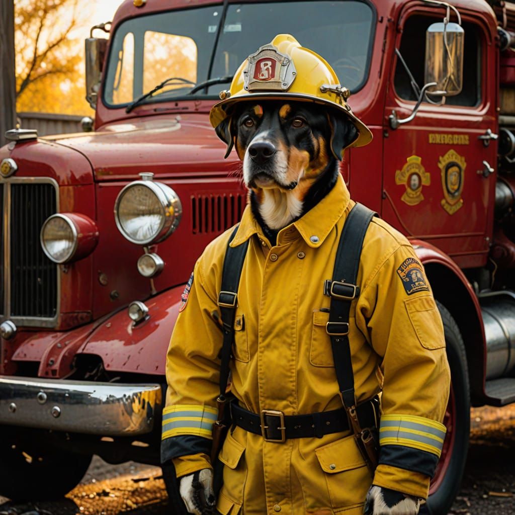 Stoic Firefighter Dog Honors Vintage Fire Truck