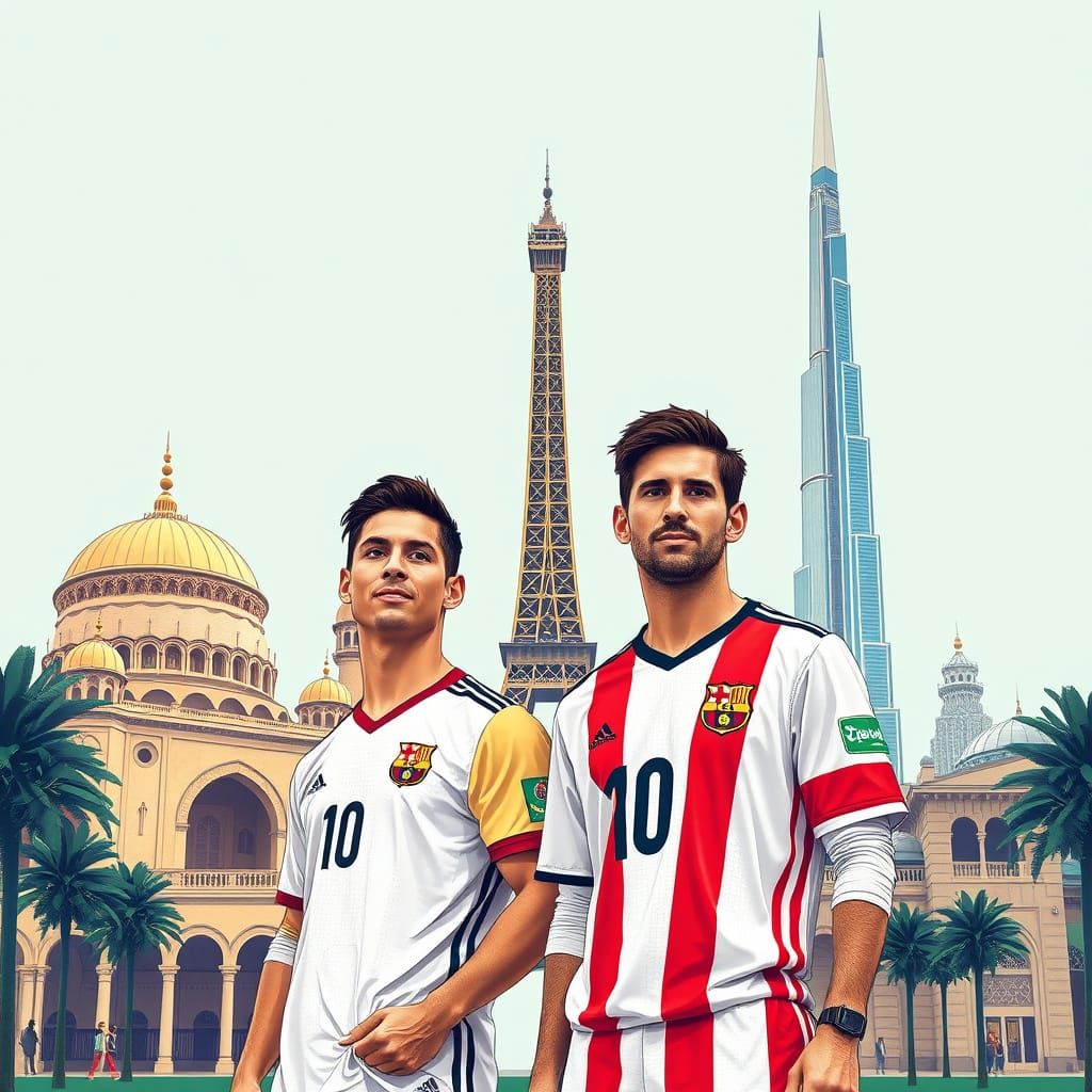 Ronaldo and Messi at the Eiffel Tower in Futuristic Style