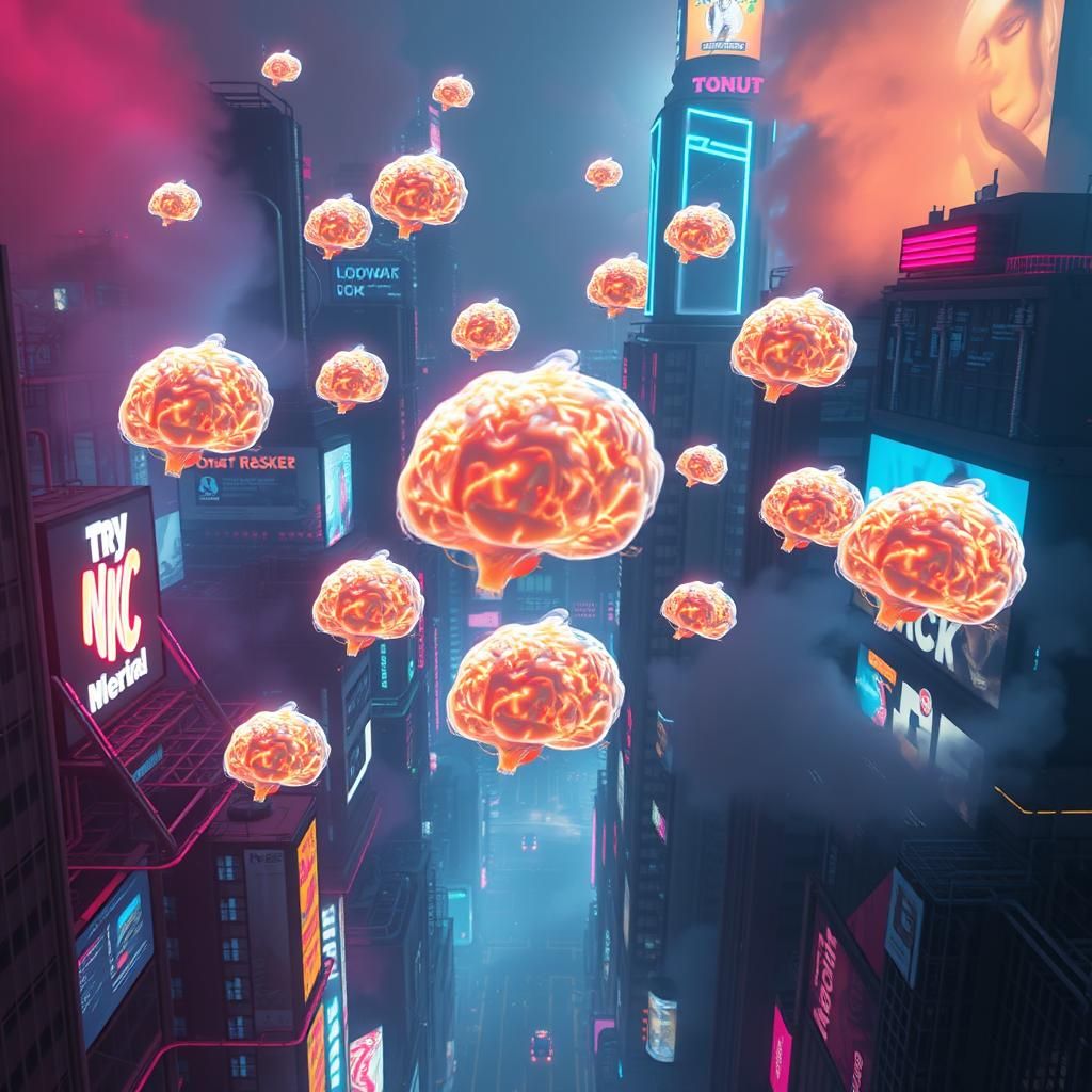 Brains Soaring Through Cyberpunk Metropolis in 8K