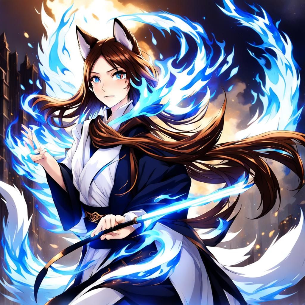 Anime Style Jujutsu Sorcerer with Blue Flames