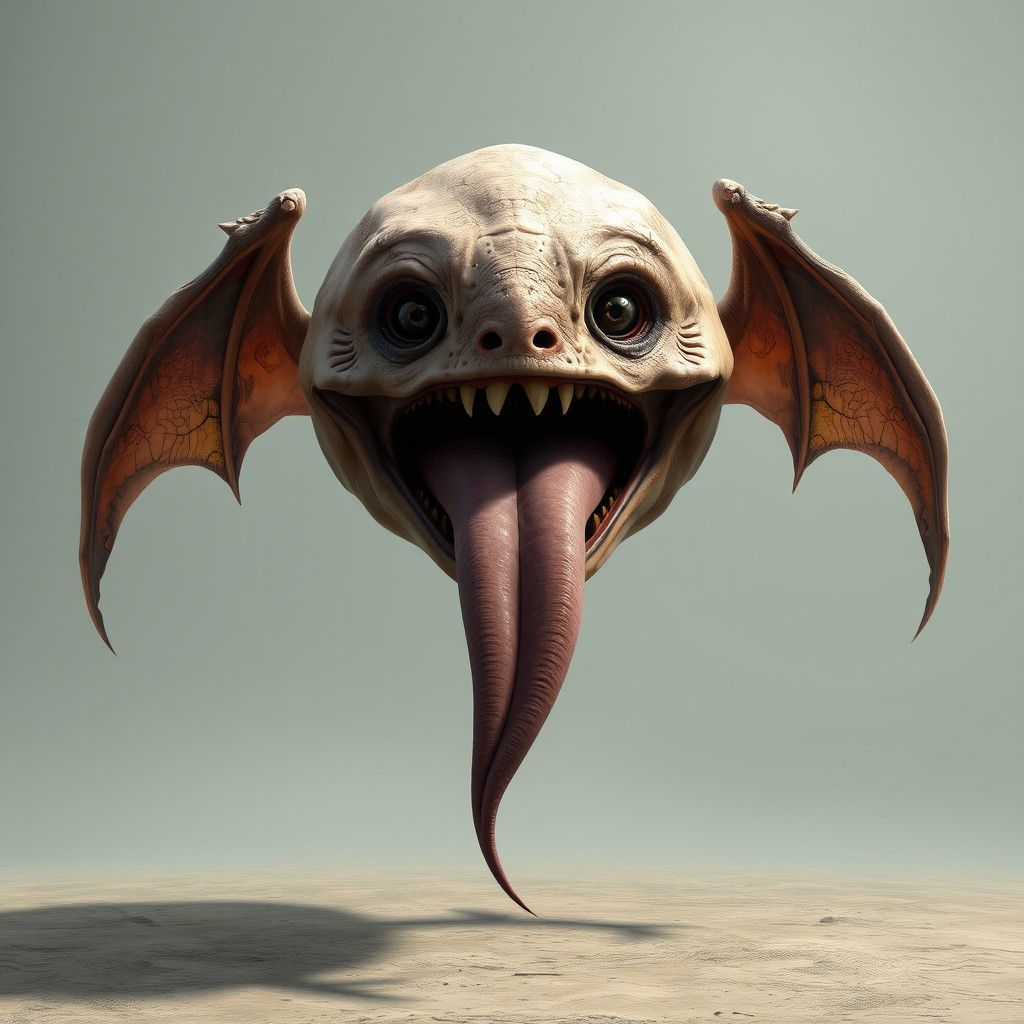 Surreal Floating Head with Wings and Large Mouth