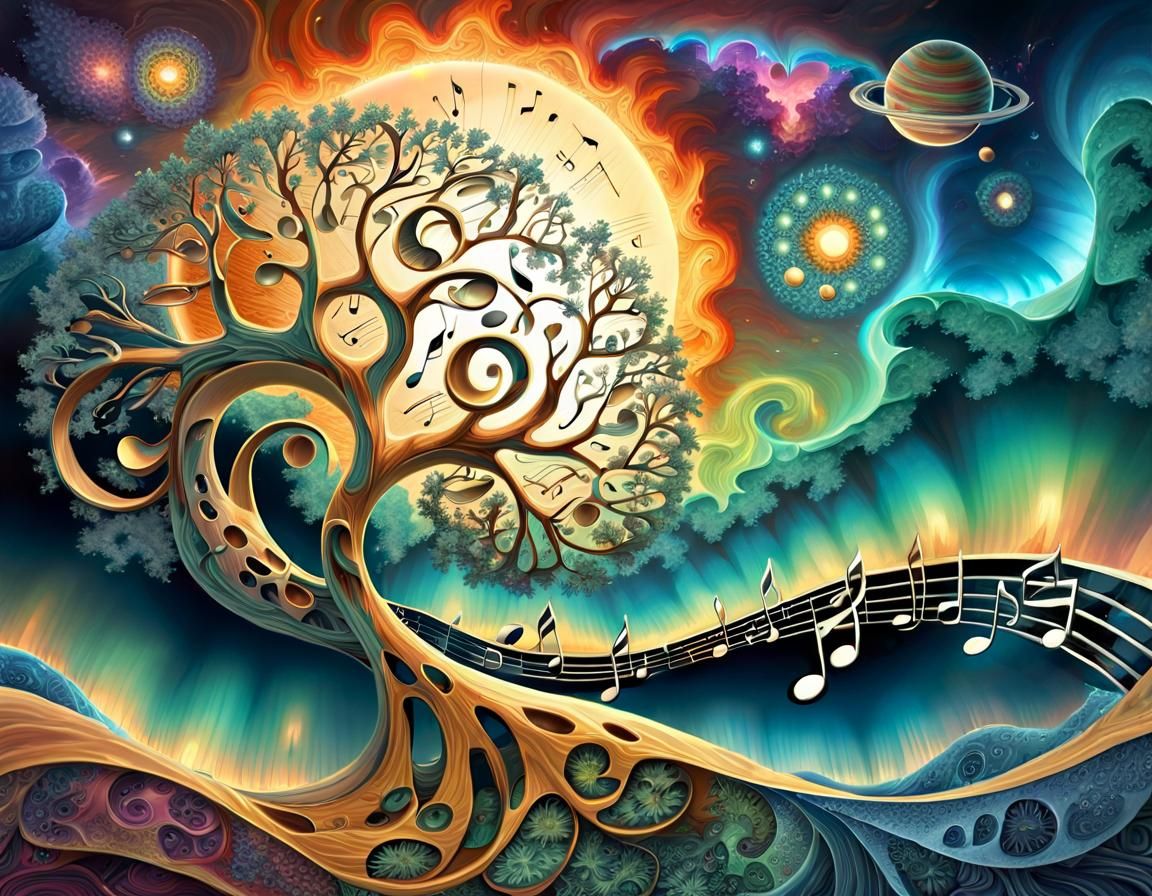 Surreal Music Tree with Planets and Northern Lights