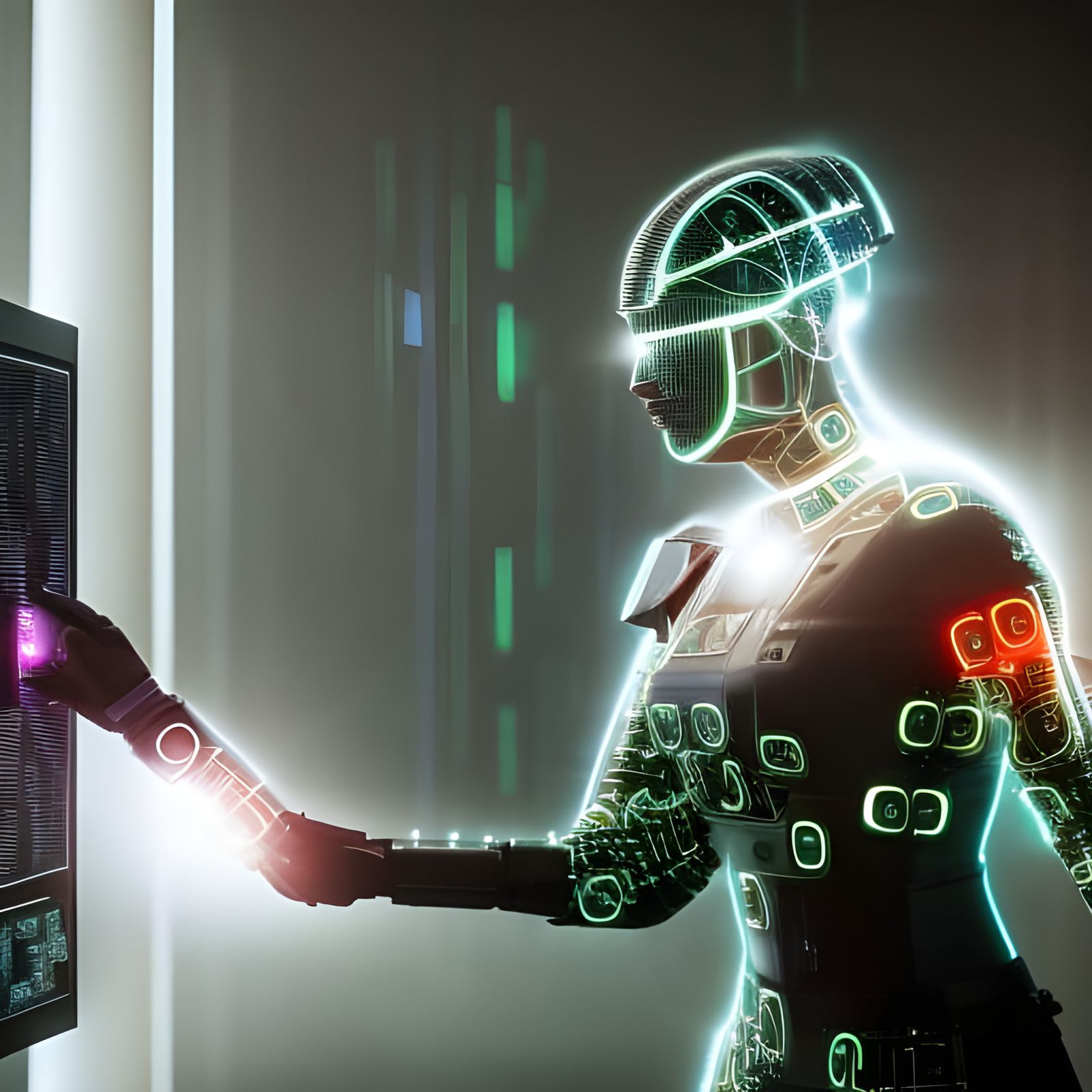 Cyborg Woman in Matrix-Style Binary Code Silhouette