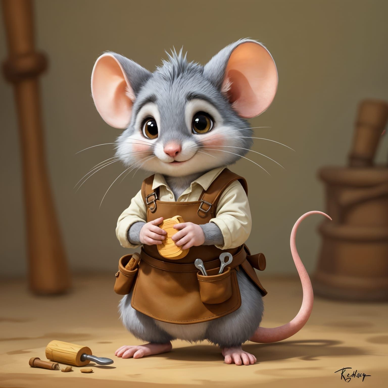 Mouse Artisan in Fantasy Village, Detailed Illustration