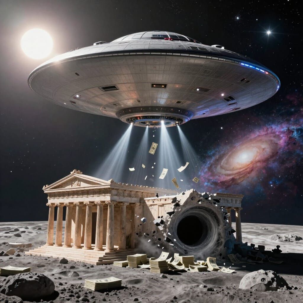 UFO Abducts Money Over Moon Temple Near Black Hole