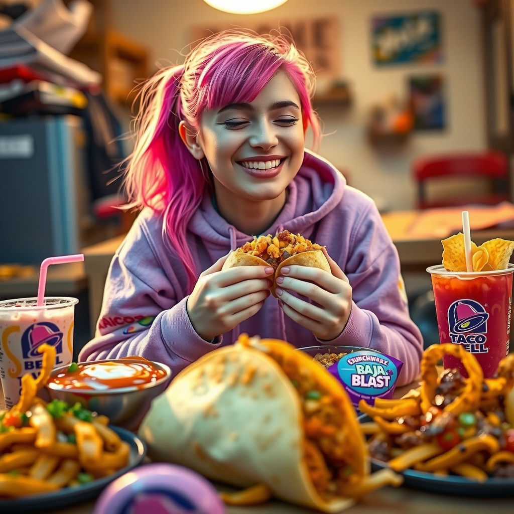 Joyful Woman Enjoys Taco Bell Feast