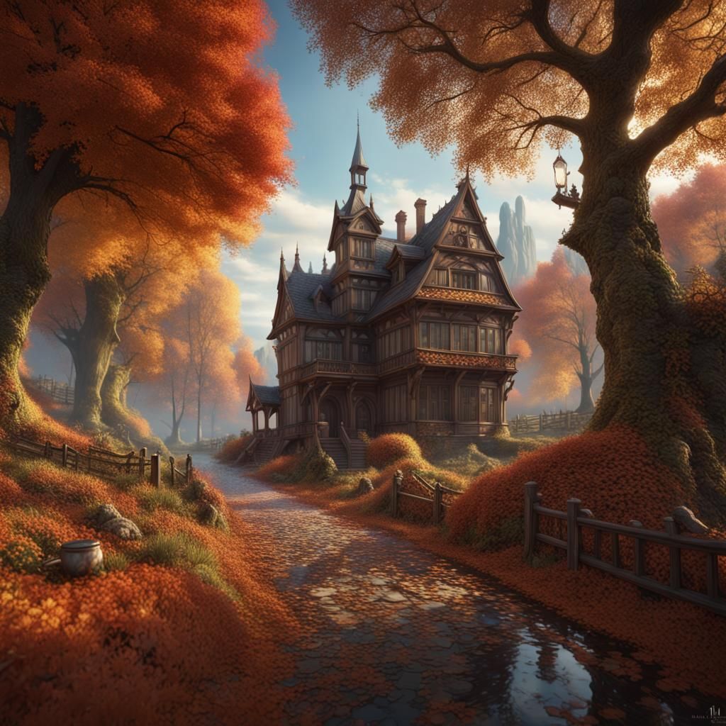 Autumnal Fieldwork: Detailed Matte Painting of an Old Woman
