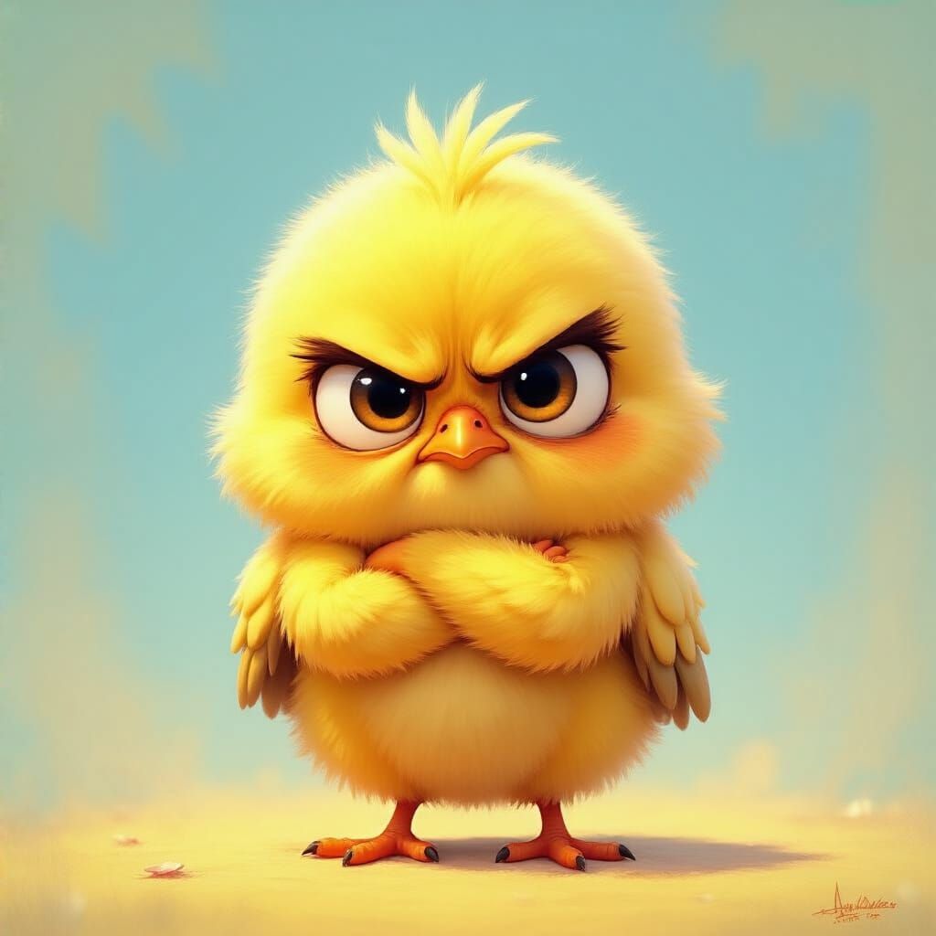 Grumpy Yellow Chick with Fluffy Feathers in Disney Pixar Sty...