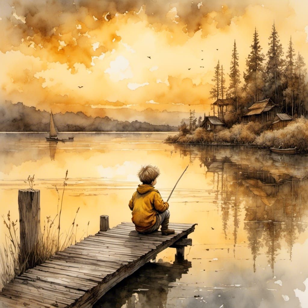 Boy on Dock at Sunset: Watercolor Alcohol Ink