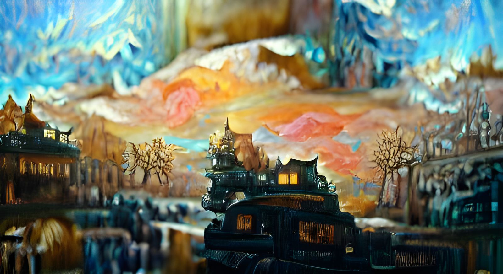 Abandoned Mining Town in Art Deco Gouache Style