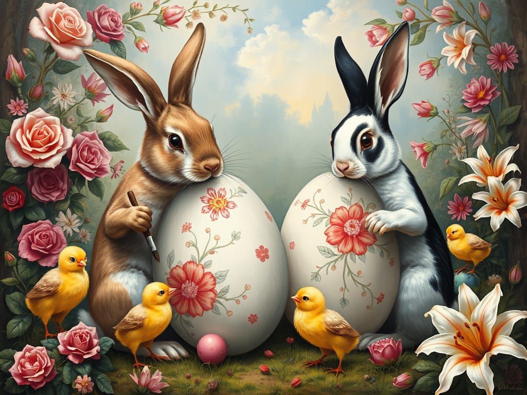 Rabbits and Chicks Painting Easter Eggs