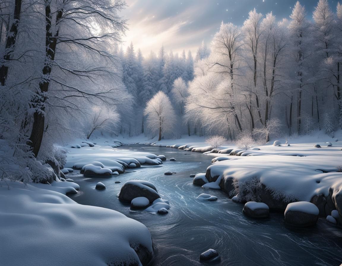 Magical Winter Landscape with Frozen River