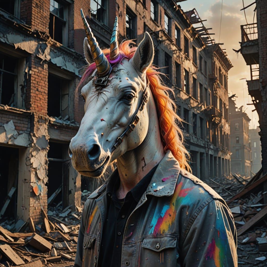 Surreal Unicorn Man in Ruined Dystopian City