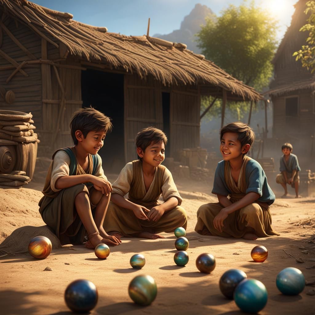 Boys Playing Marbles: Detailed Matte Painting