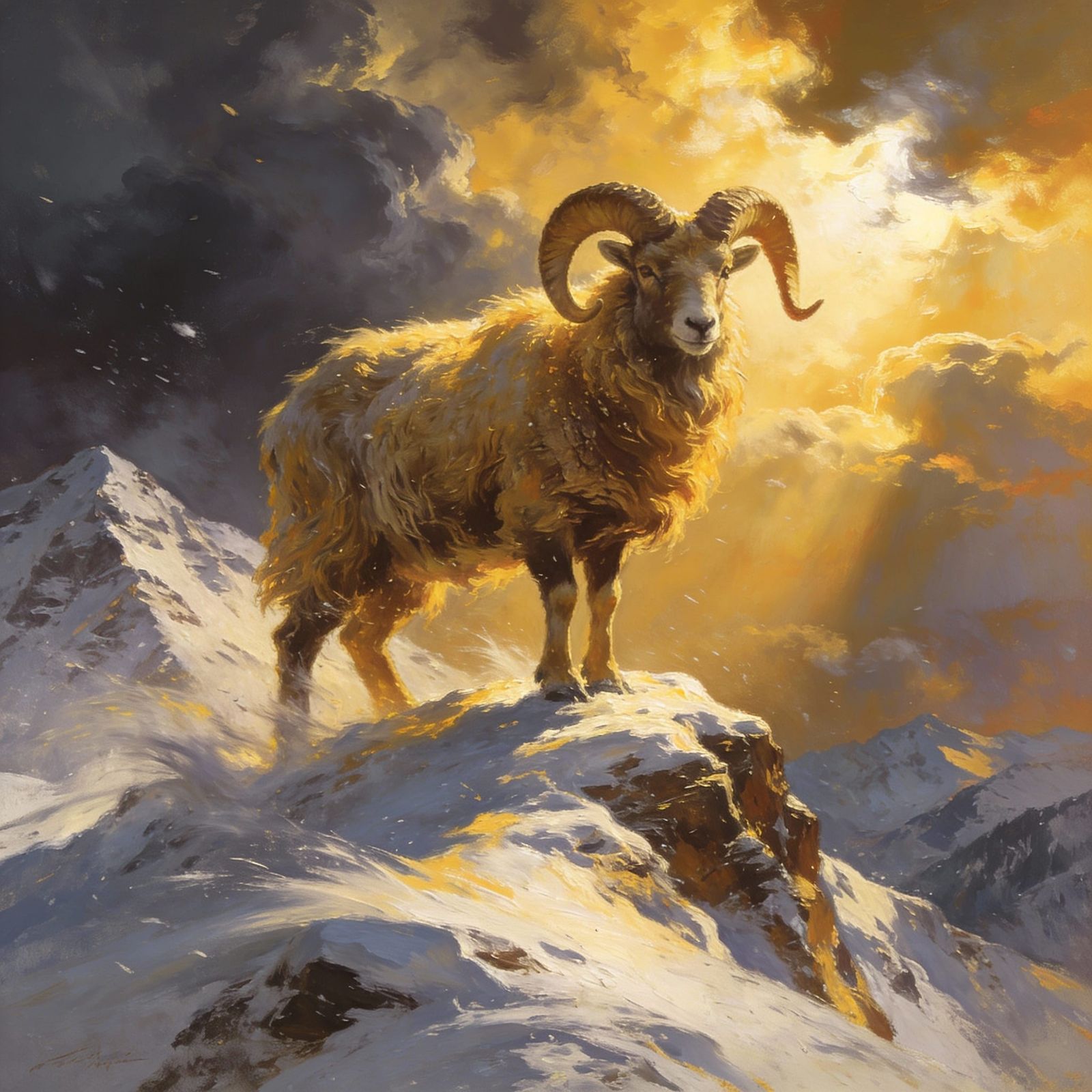 Majestic Mountain Ram in Dramatic Snowy Landscape