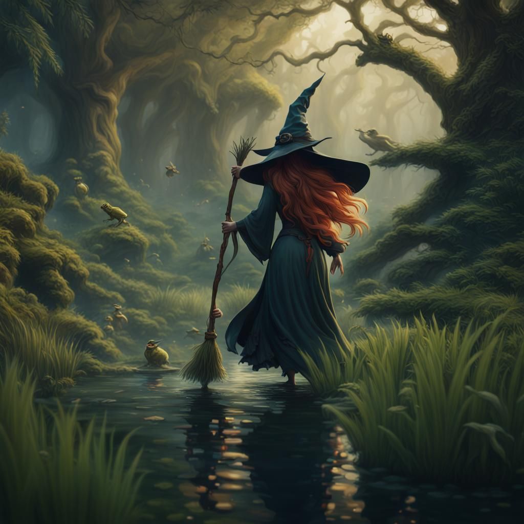 Whimsical Witch Chasing Frogs: Fantasy Concept Art