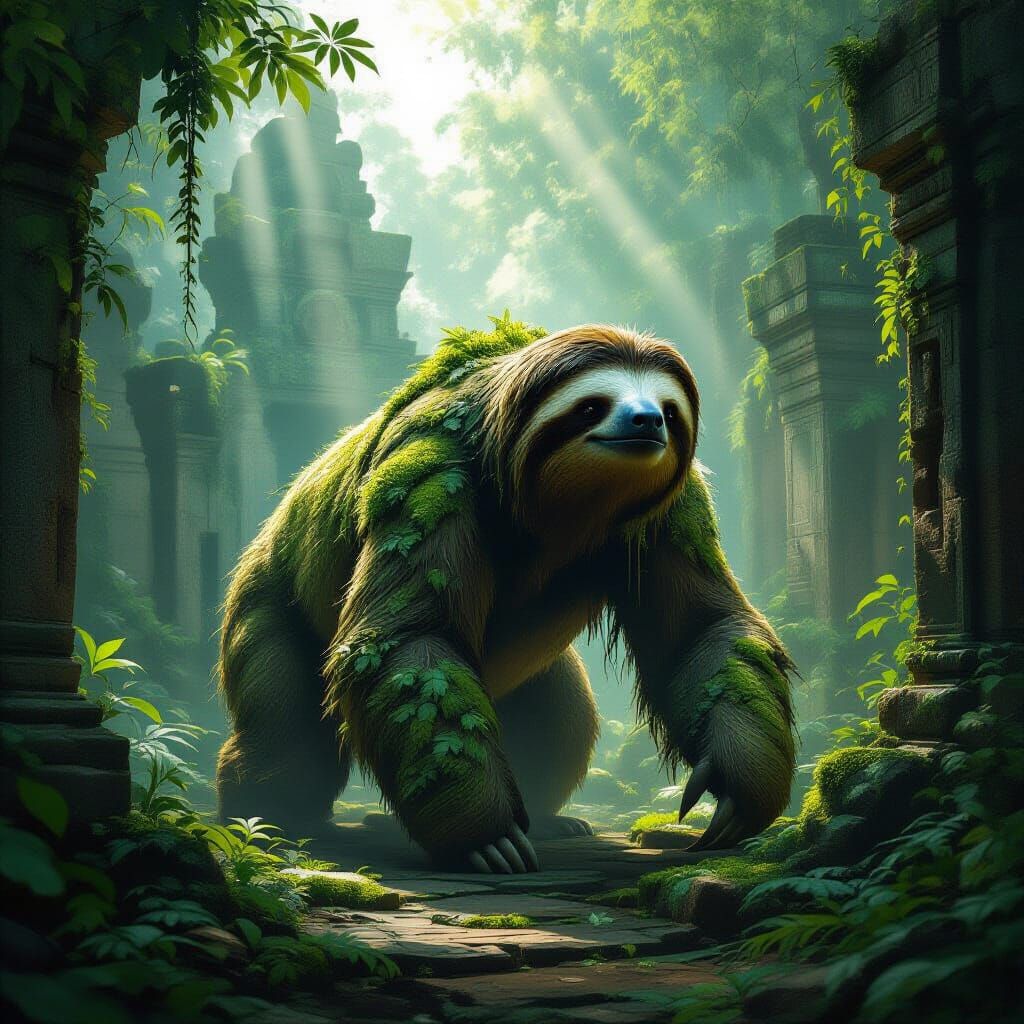 Giant Ancient Sloth in Overgrown Temple Ruins