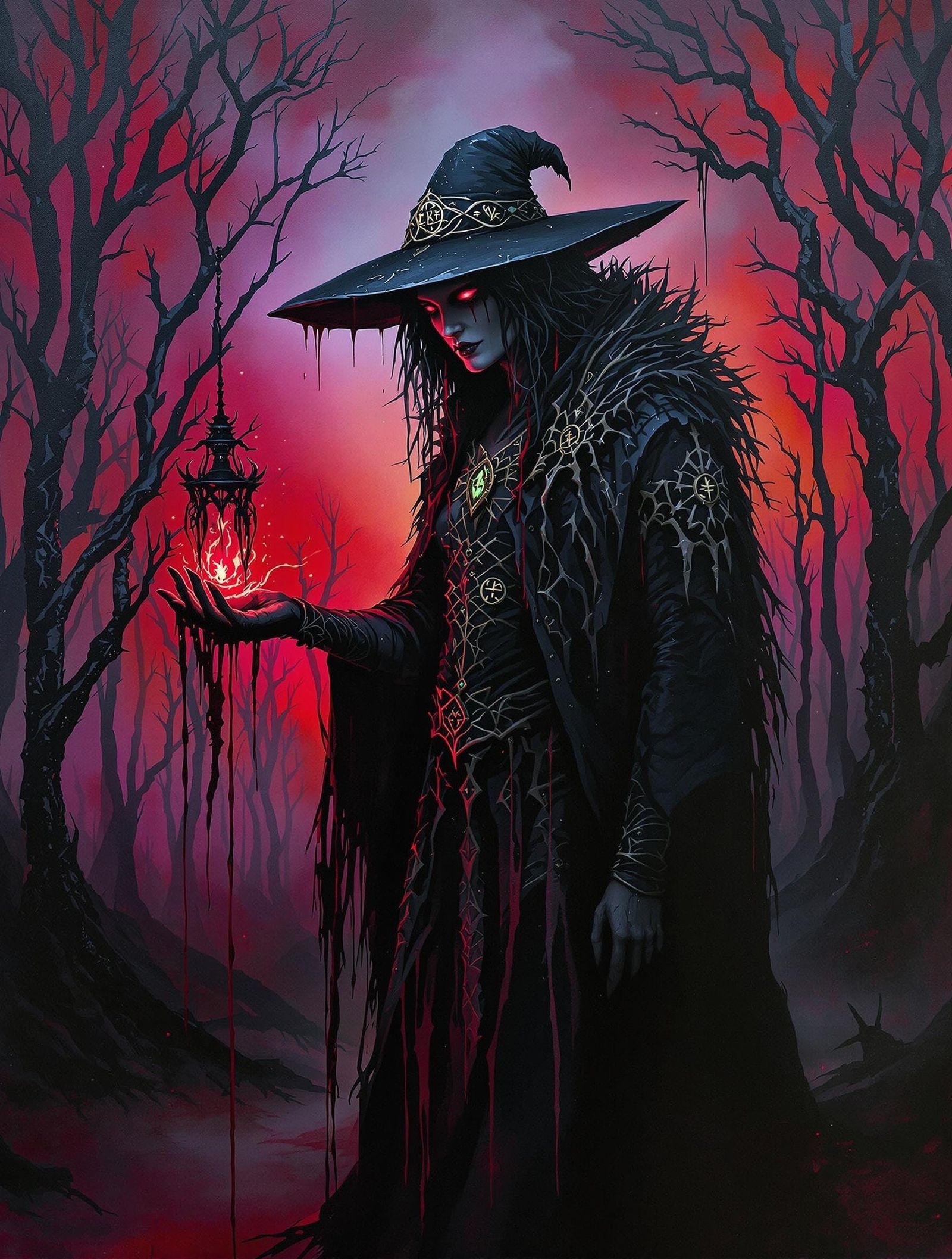 Mysterious Witch in Ruined Forest at Dusk