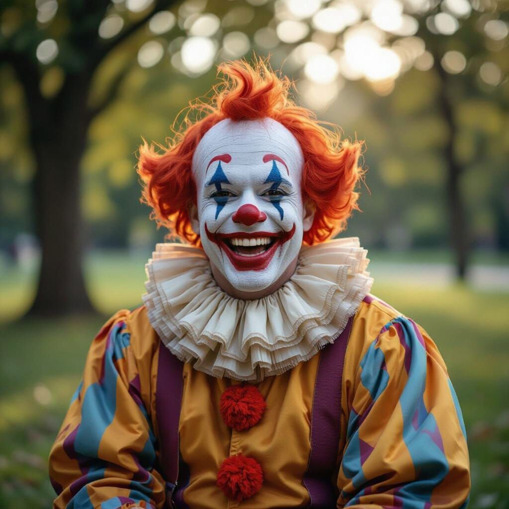 Joyful Clown Entertains Children in Cinematic Park Scene