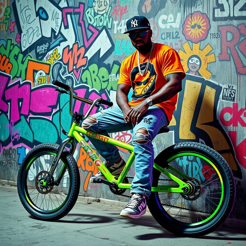 Swaggering Gangster Rapper on BMX Bike Amidst Urban Graffiti