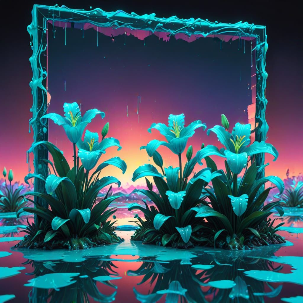 Cyan Lilies in Infinite Mirror: Synthwave Digital Art