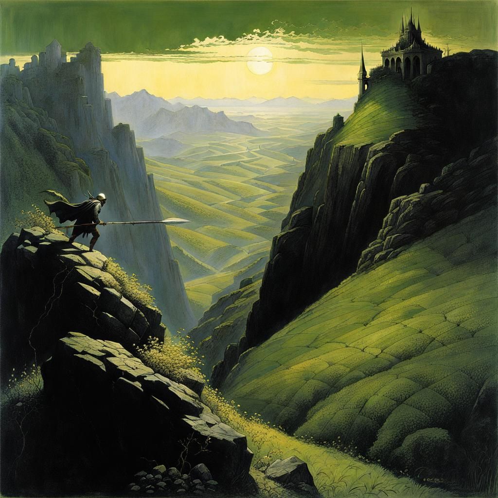 Spear Overlooking Green Valley with Celtic Designs