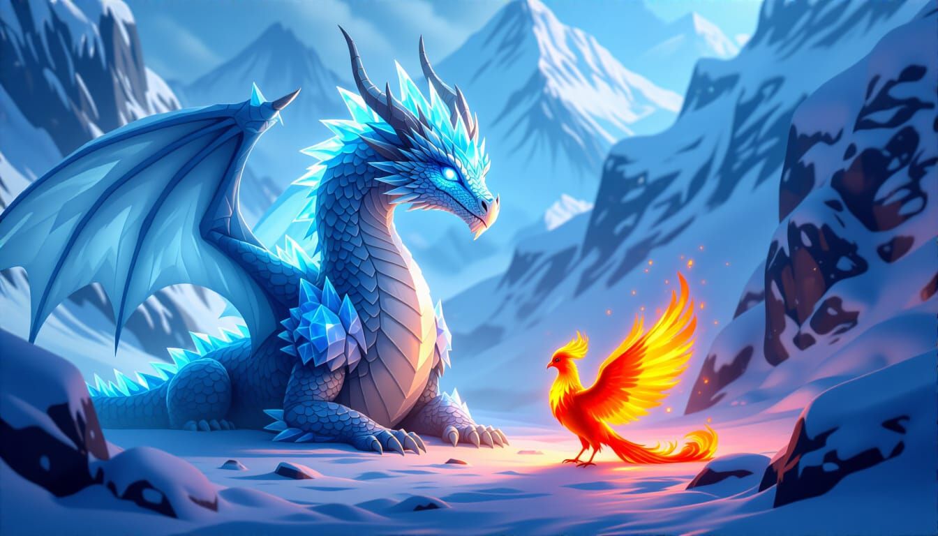 Giant Ice Dragon and Firebird in Snowy Pass