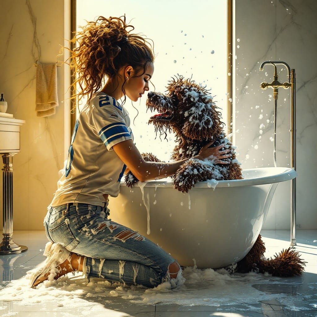 Woman Tries to Hold Back Soaking Wet Poodle in Bathtub
