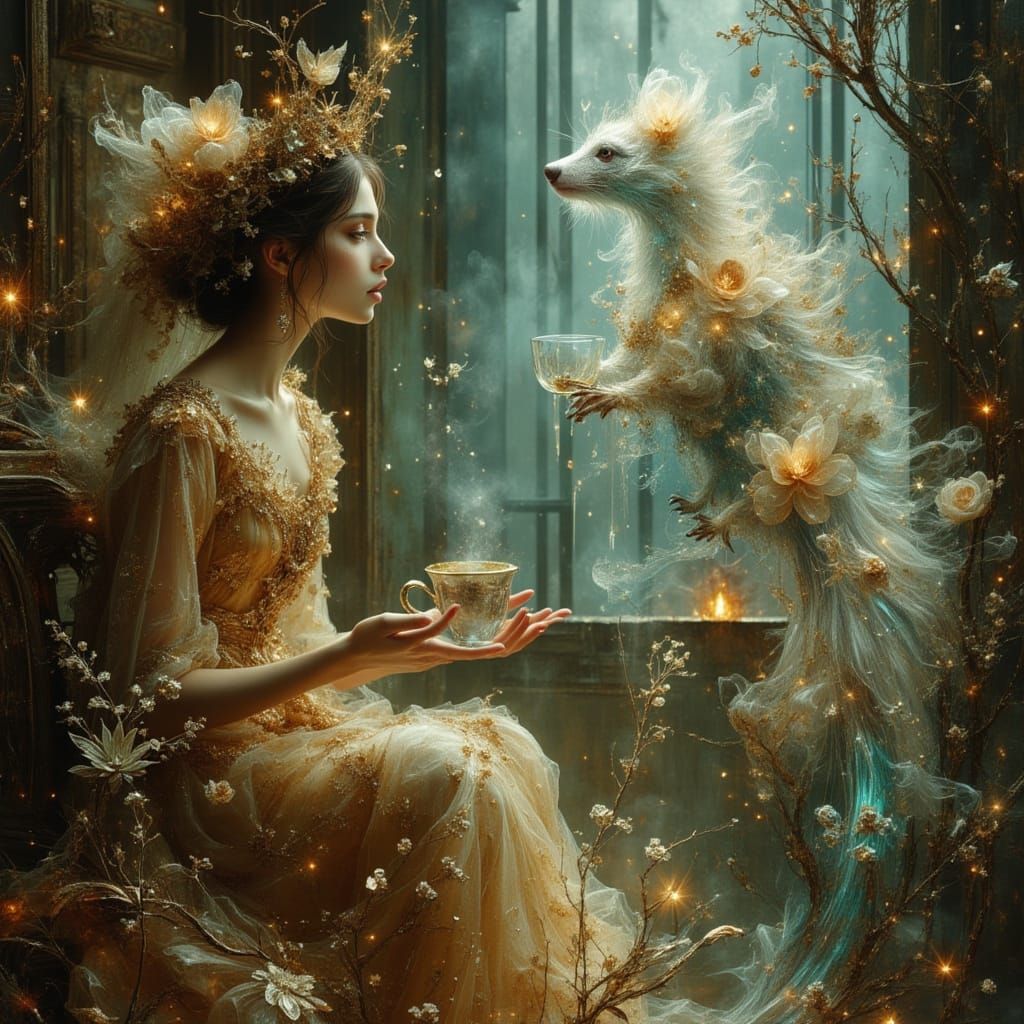 Beautiful Witch Debating Spell in Apothecary with Racoon Fam...