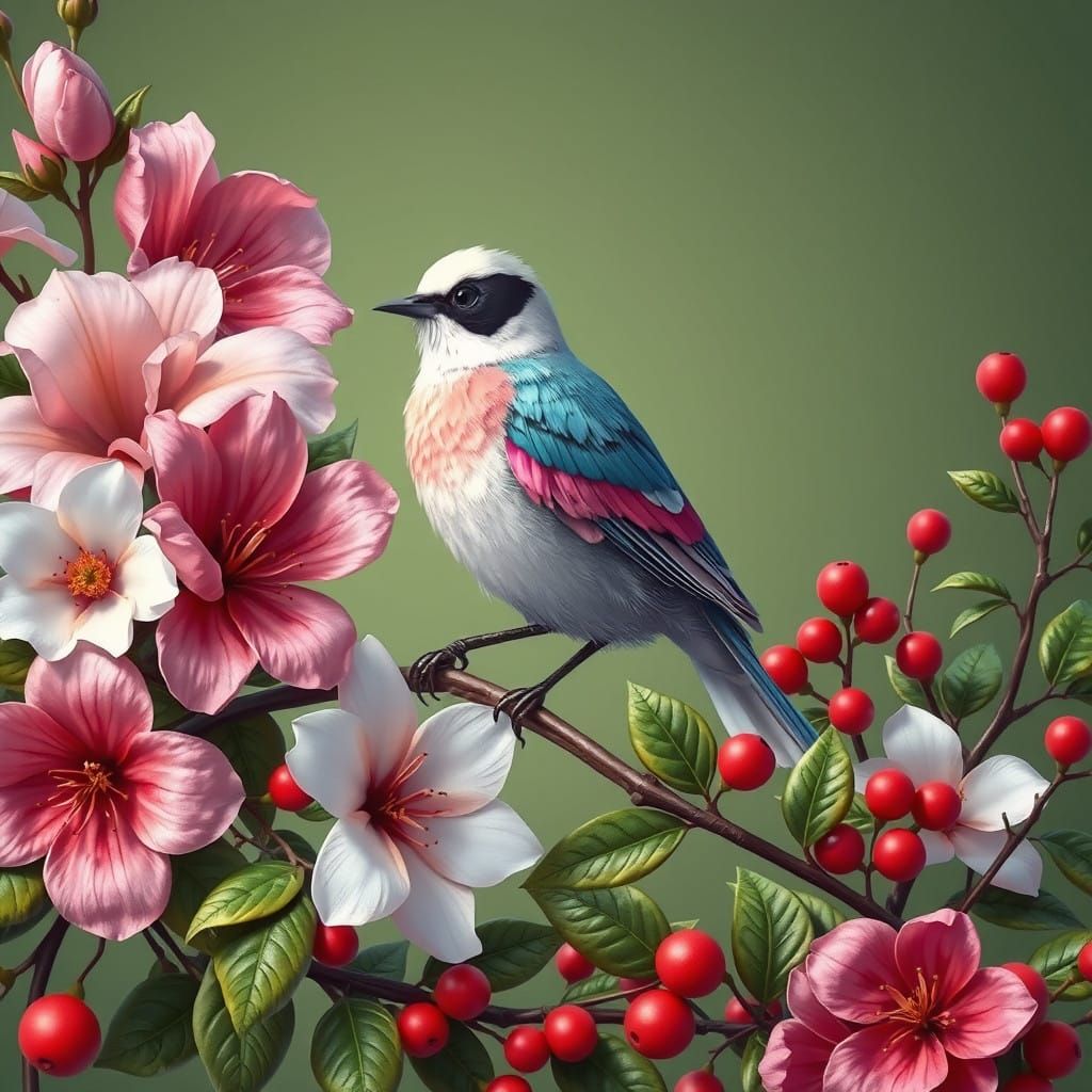 Hyper-Realistic Bird in Vibrant Floral Wonderland