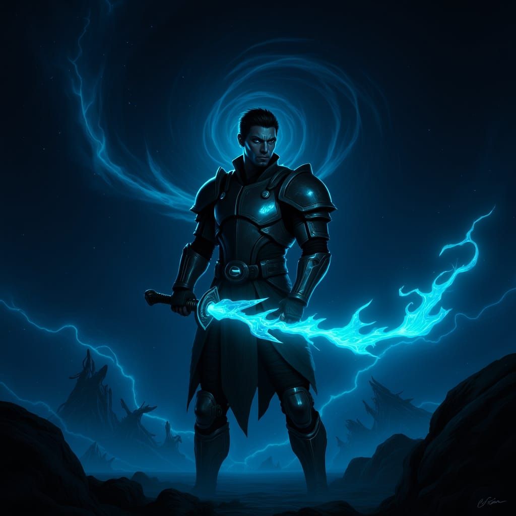 Warrior in Nebula with Energy Sword