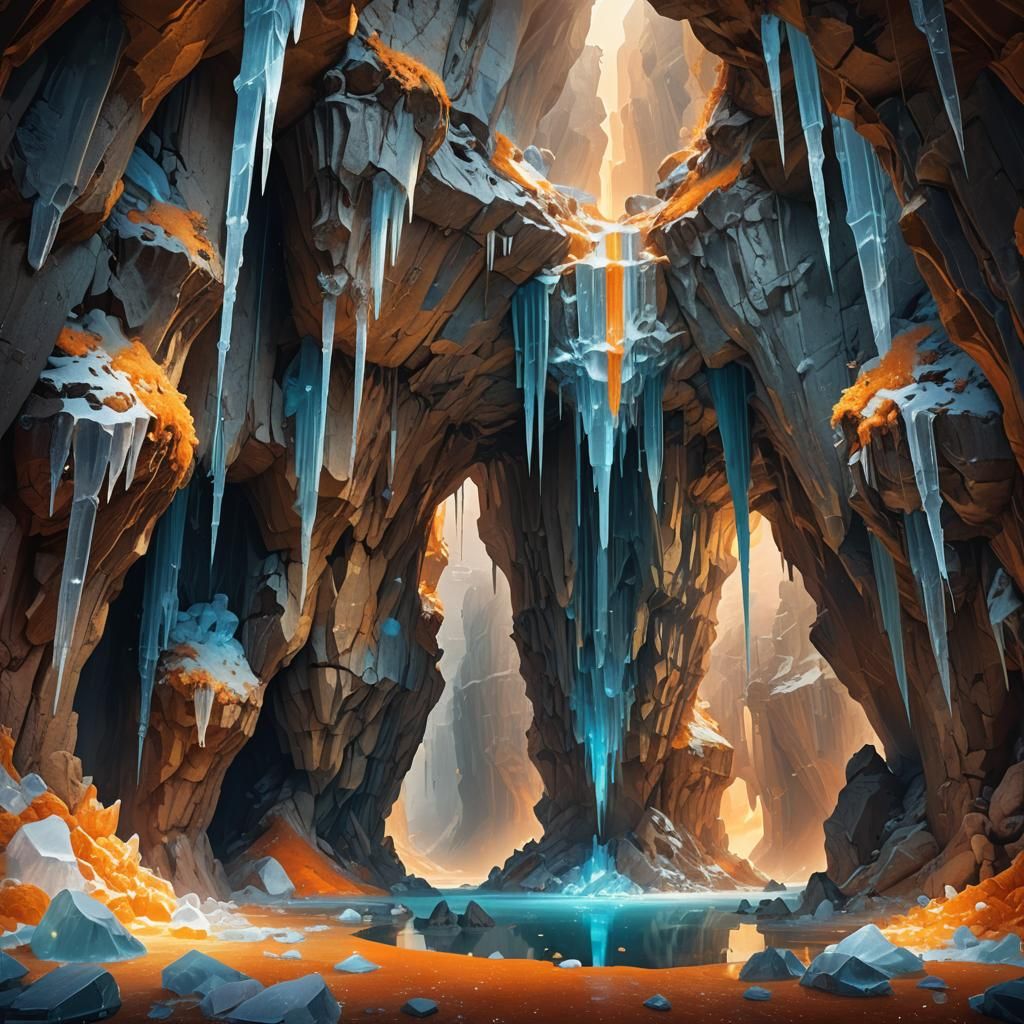 Abstract Ice Cave with Crystals and Ancient Structures
