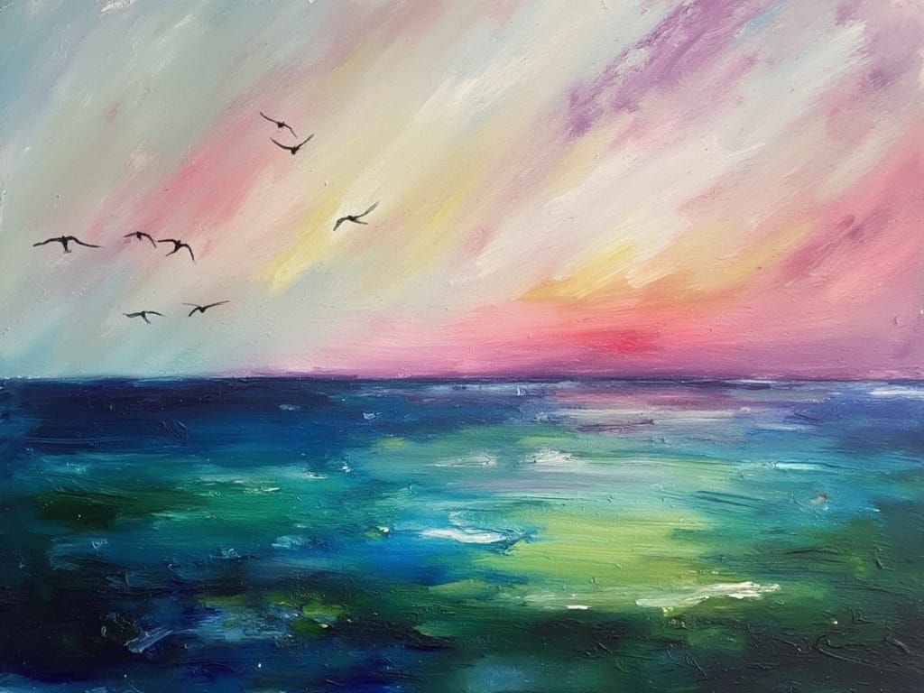 Ethereal Oceanscape at Dawn with Soaring Seabirds