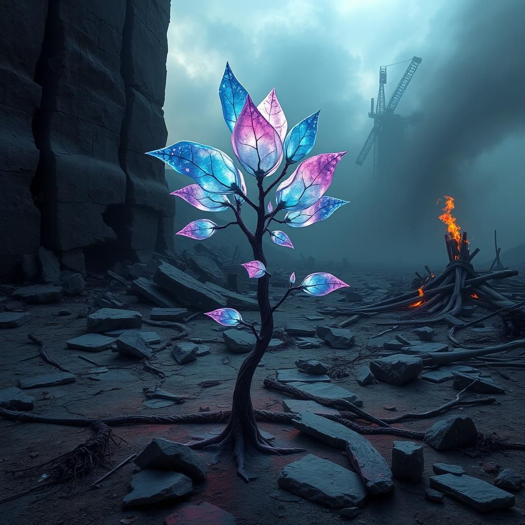 Iridescent Sapling Emerges in Post-Apocalyptic Landscape