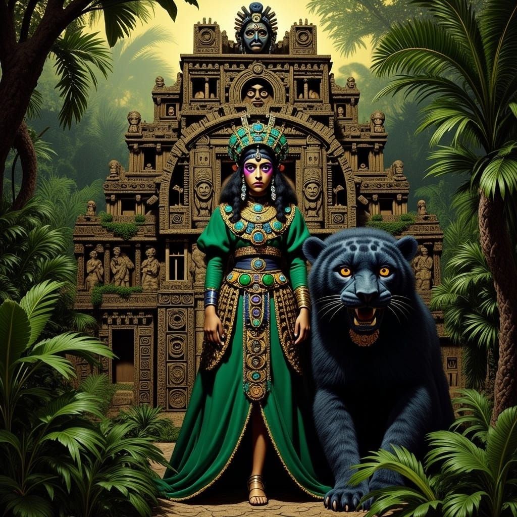 <lora:MONKEY QUEEN:1.0> A dark skin woman and a black Jaguar at a Mayan temple