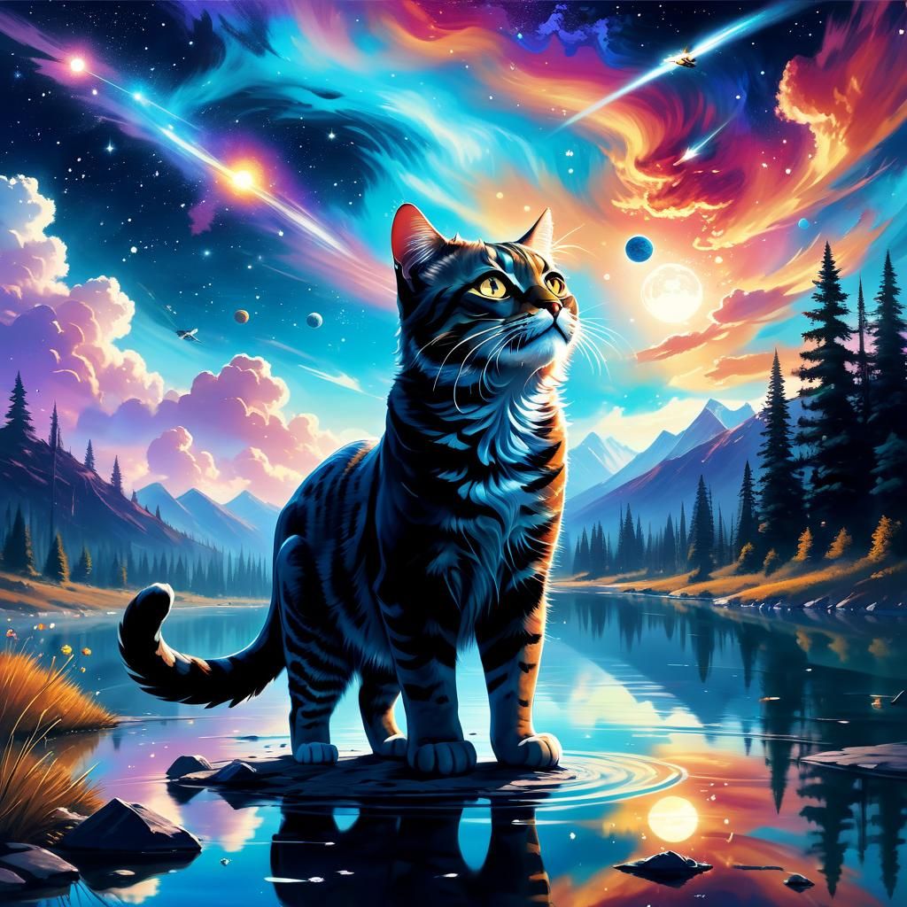 Cats Flying High in Cosmic Lake Under Painted Sky