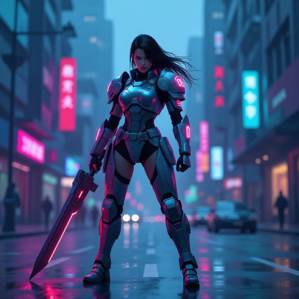 Cyberpunk Warrior in Neon Cityscape