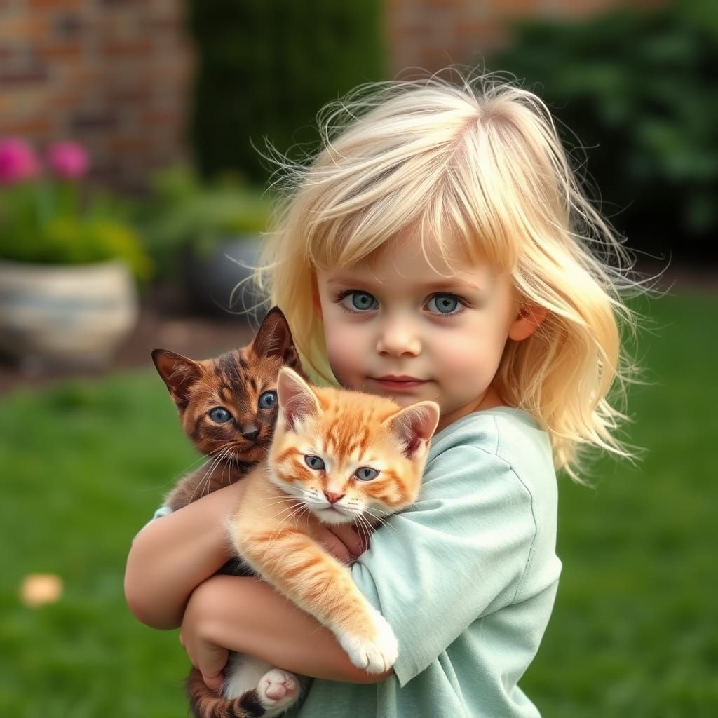 Sunny Afternoon with a Happy Blonde Child and Her Feline Fri...