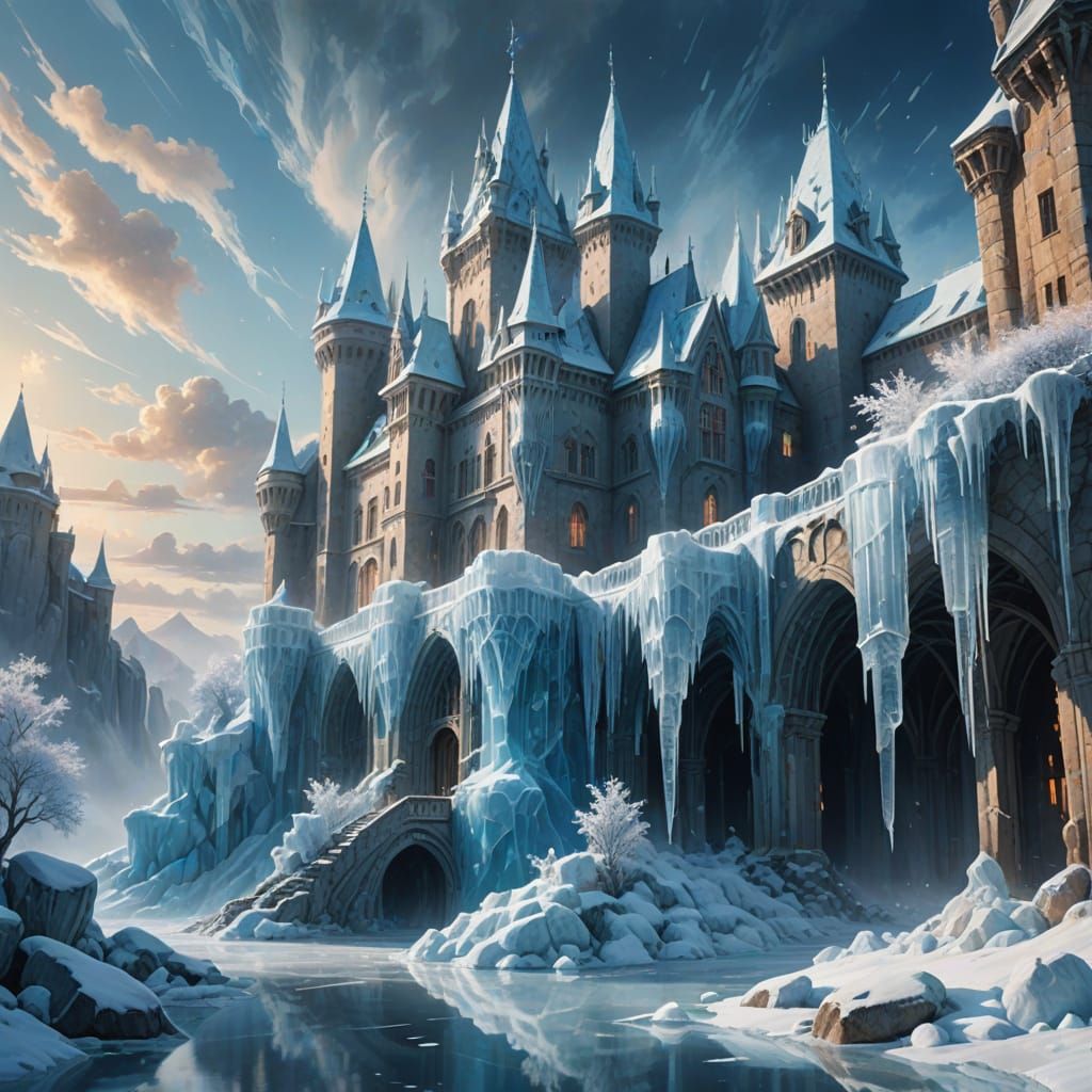 Ethereal Ice Queen Amidst a Majestic Frozen City in a Dreamy...