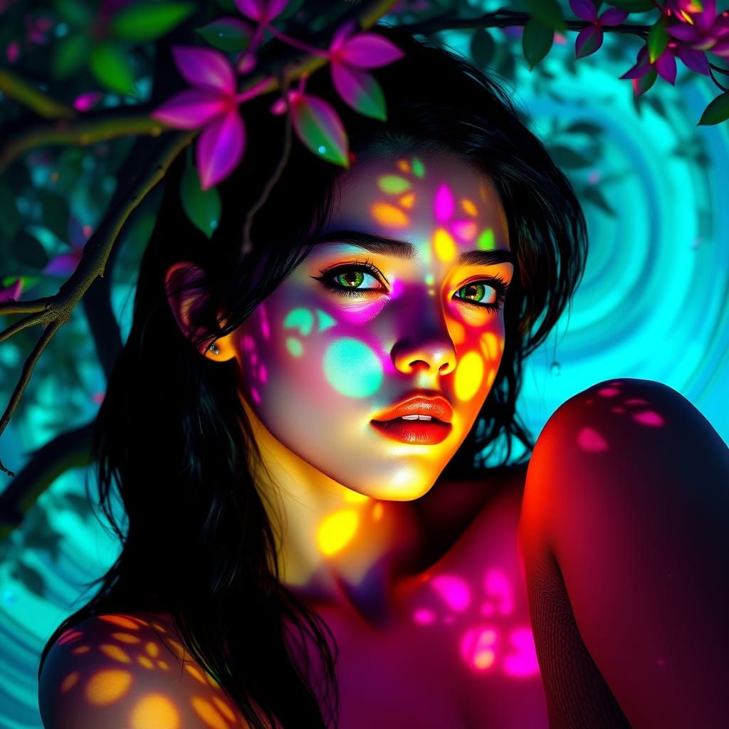 Enchanting Woman in Vibrant, Neon Hues Under Ethereal Tree C...