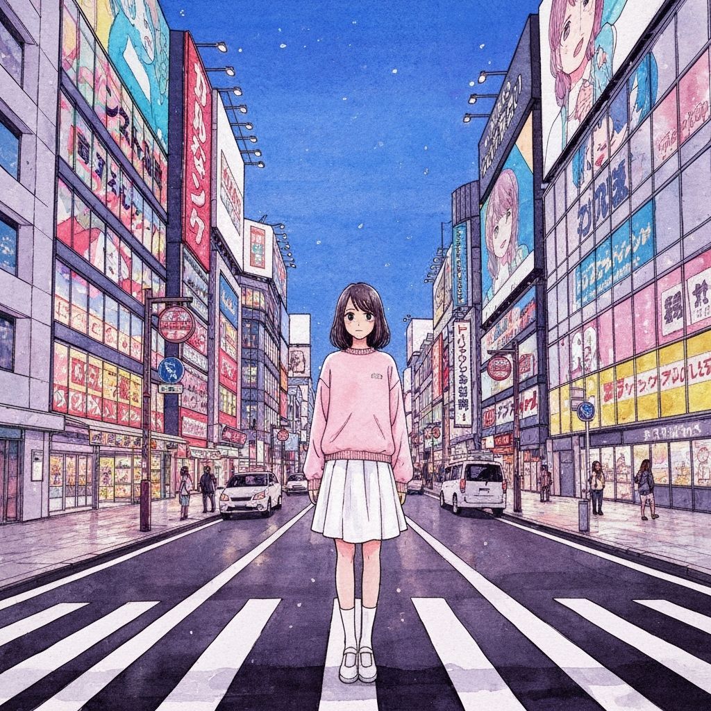 Akihabara Girl: Neon Lights in Watercolor Style