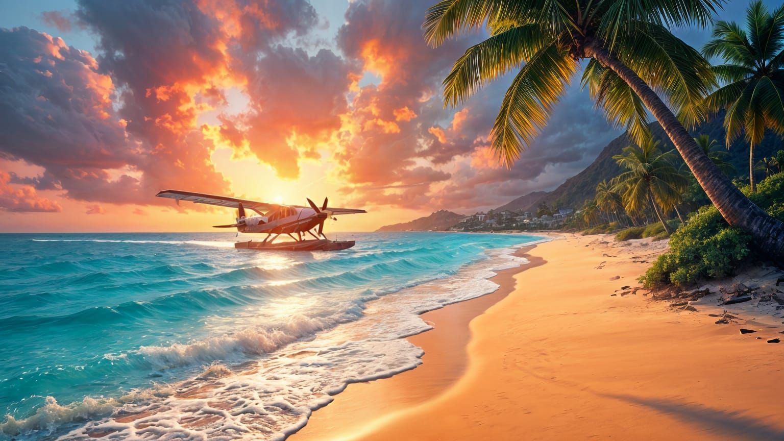 Surreal Tropical Sunset on Golden Sand Beach