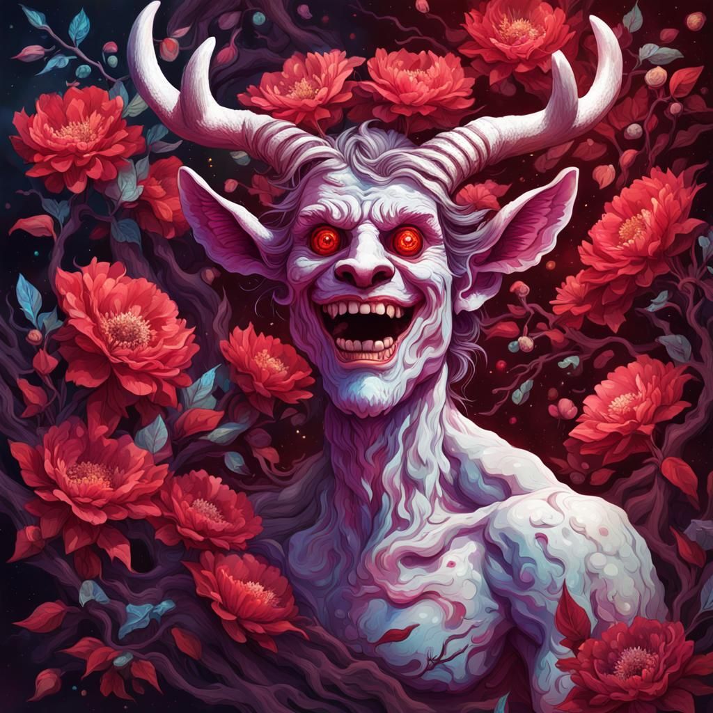 Startled Faun Biting Crimson Flowers in Astral Illustration